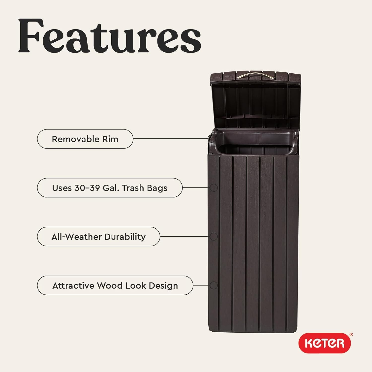 image:imageKeter Copenhagen 32 Gallon Resin Large Trash Can with Lid for Patio and Outdoor Kitchen Brown