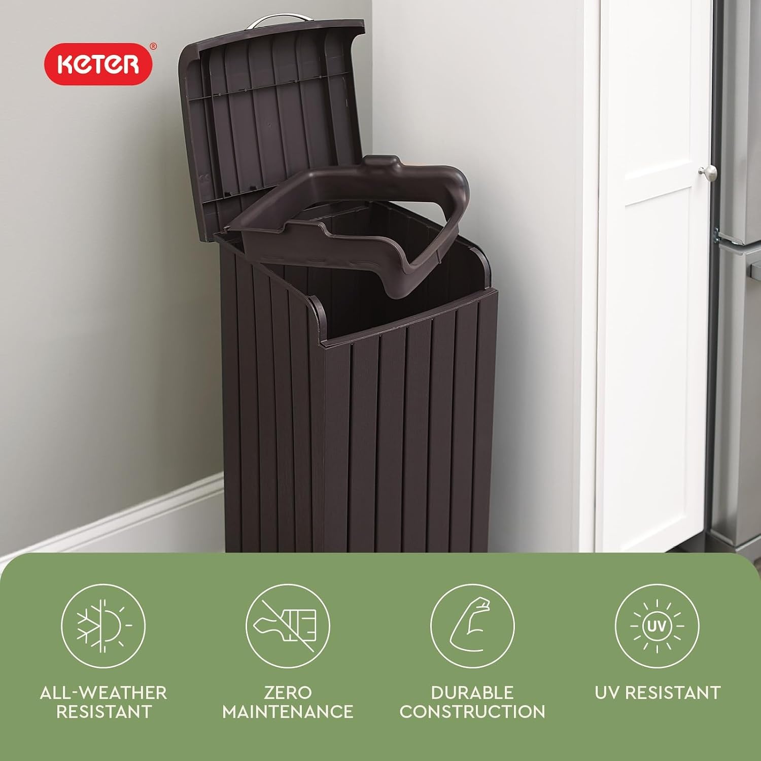 image:imageKeter Copenhagen 32 Gallon Resin Large Trash Can with Lid for Patio and Outdoor Kitchen Brown