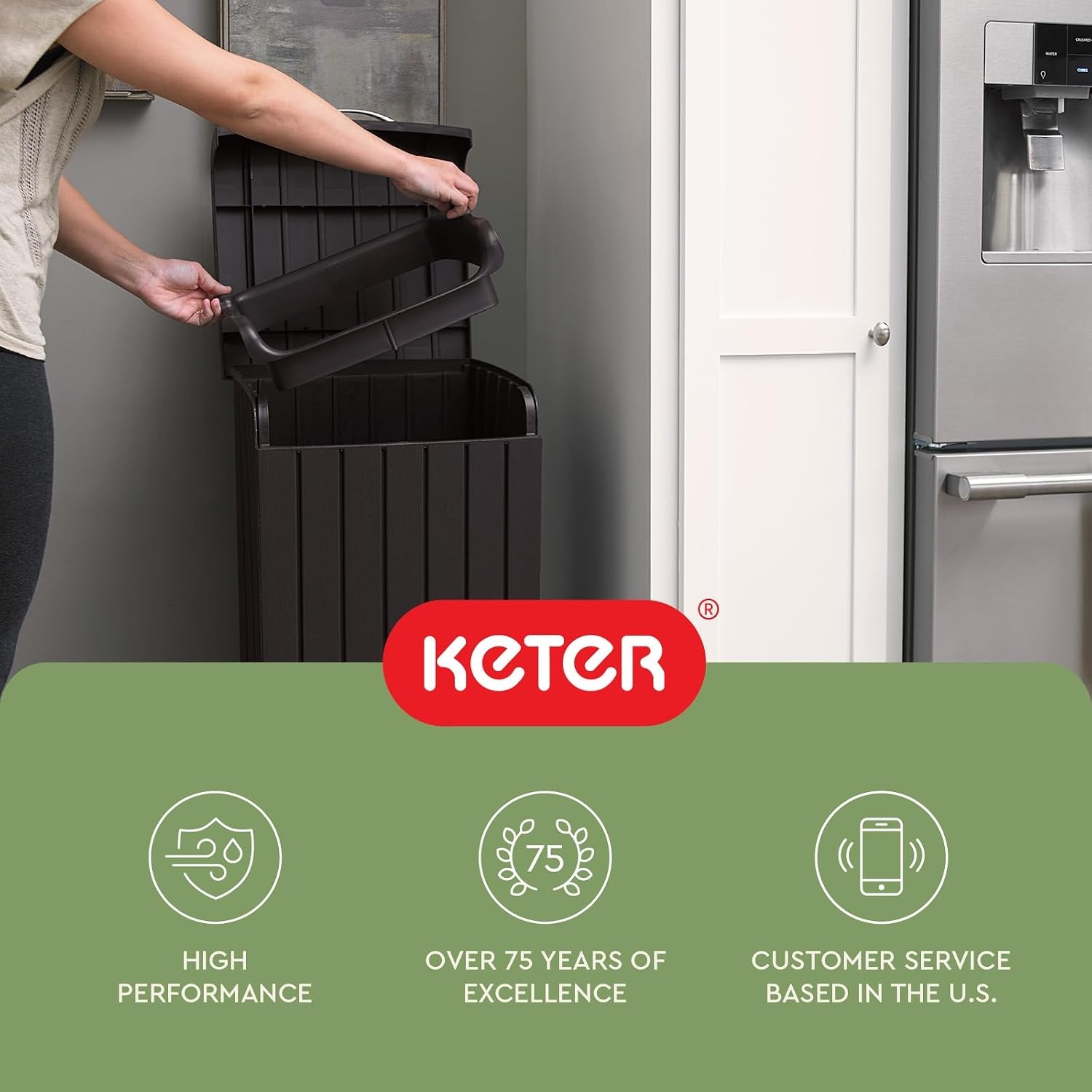 image:imageKeter Copenhagen 32 Gallon Resin Large Trash Can with Lid for Patio and Outdoor Kitchen Brown