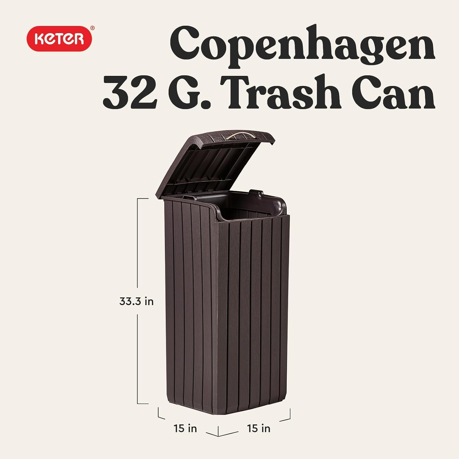 image:imageKeter Copenhagen 32 Gallon Resin Large Trash Can with Lid for Patio and Outdoor Kitchen Brown
