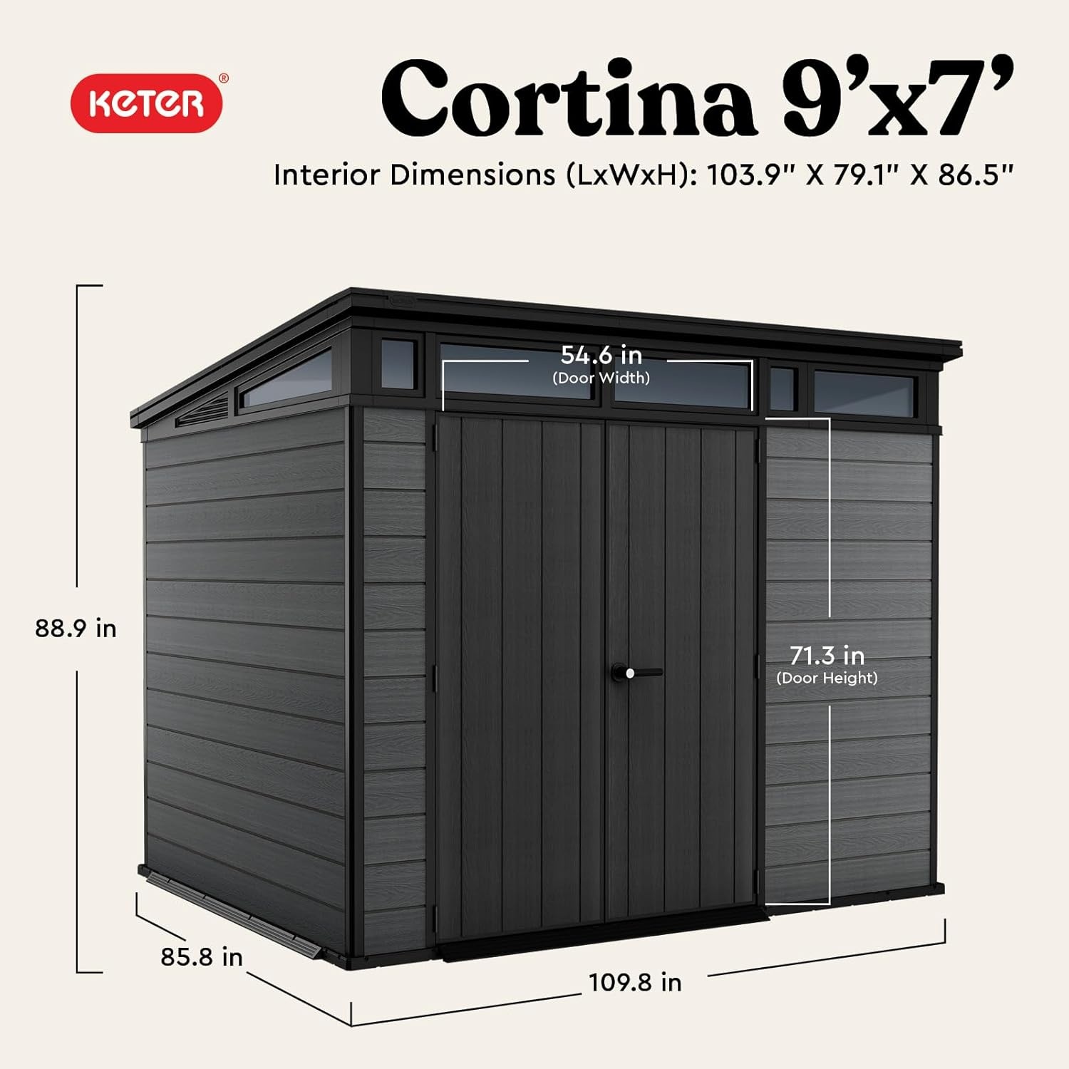 image:imageKeter Cortina 9x7 Ft AllWeather Storage Shed with Skylight Window Builtin Ventilation Customizable Walls amp Lockable Double Doors Graphite