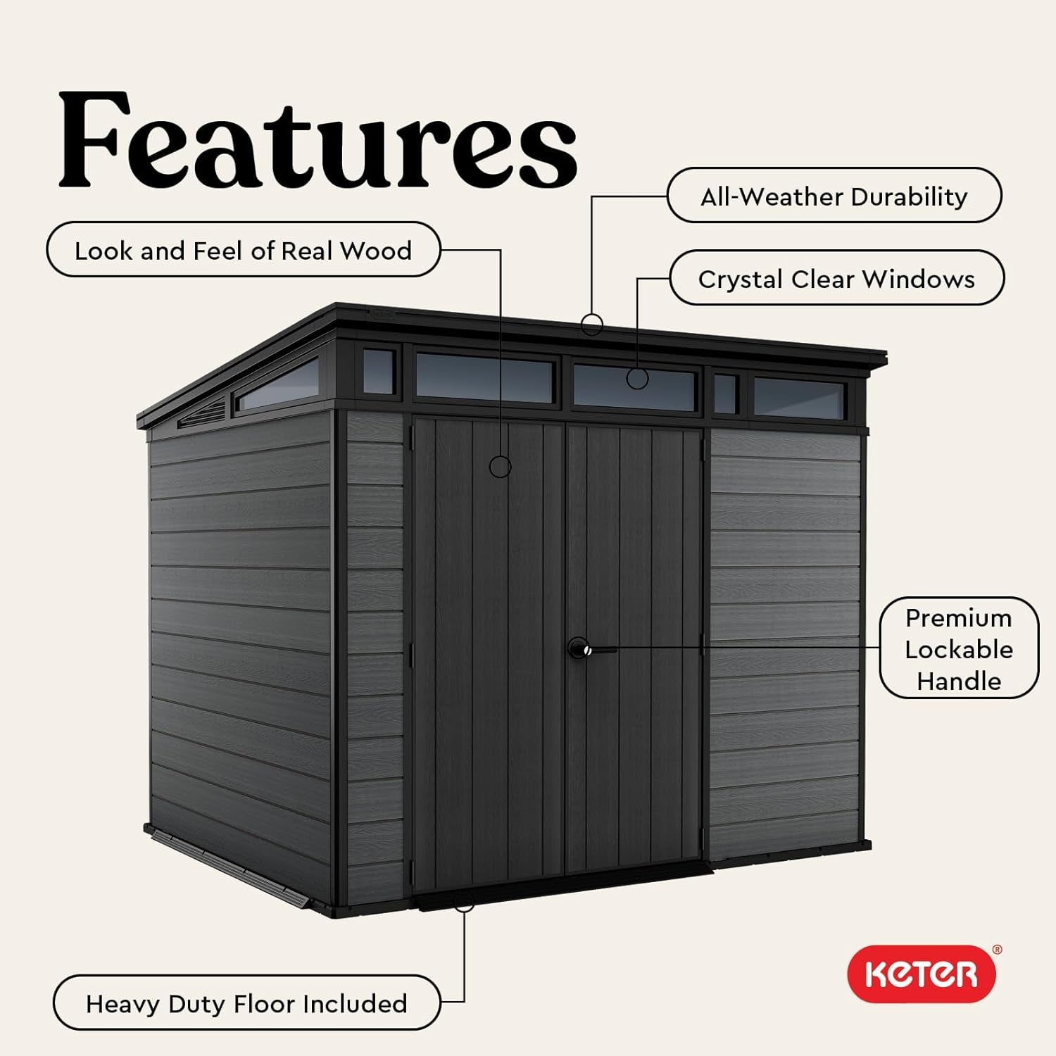 image:imageKeter Cortina 9x7 Ft AllWeather Storage Shed with Skylight Window Builtin Ventilation Customizable Walls amp Lockable Double Doors Graphite