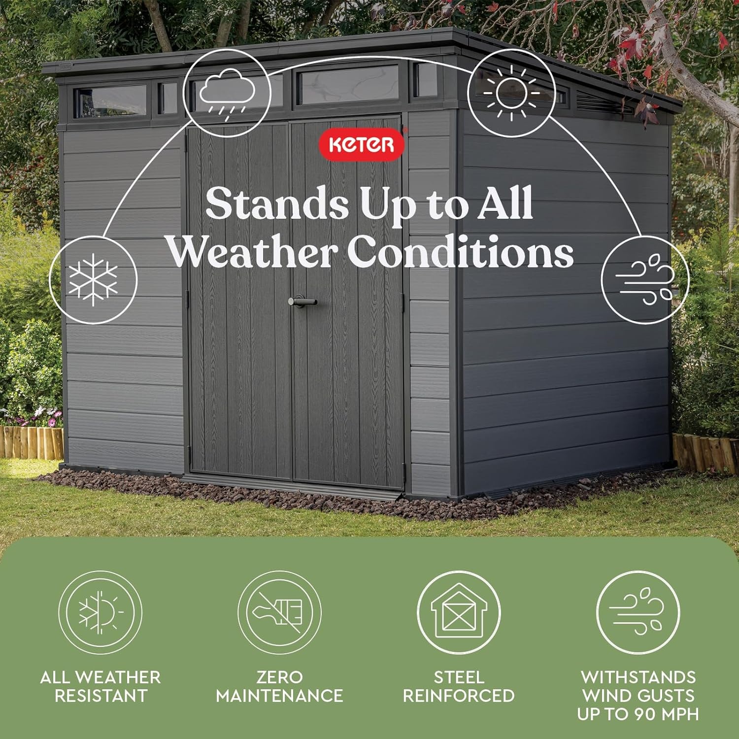 image:imageKeter Cortina 9x7 Ft AllWeather Storage Shed with Skylight Window Builtin Ventilation Customizable Walls amp Lockable Double Doors Graphite