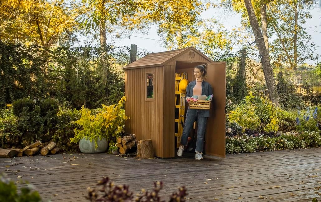 image:imageKeter Darwin 4x6 Resin Outdoor Storage Shed KitPerfect to Store Patio Furniture Garden Tools Bike Accessories Beach Chairs and Lawn Mower Brown