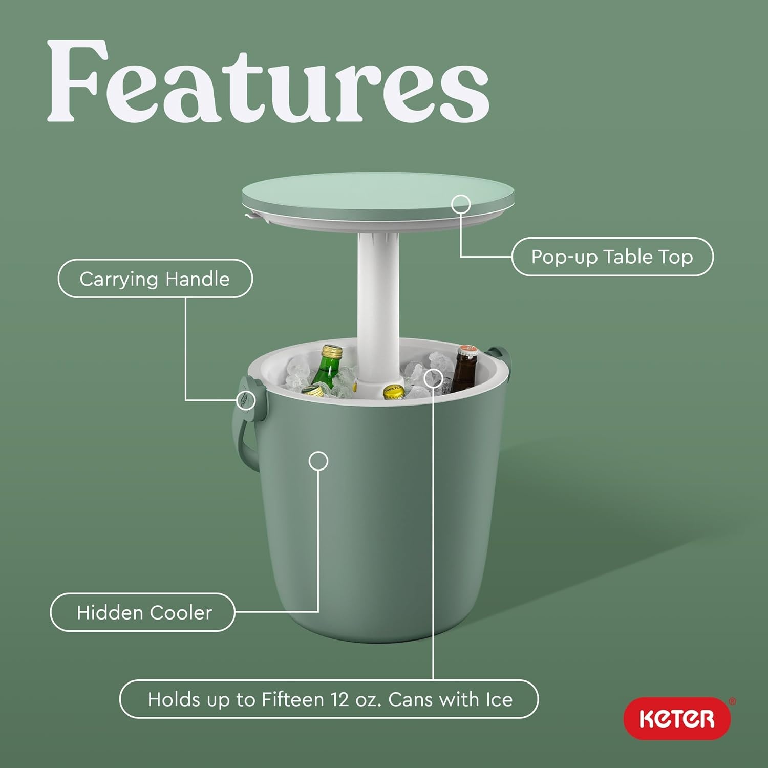 image:imageKeter Go Bar 42 Gallon Portable Beer and Wine Cooler with Handle and Pop Up Outdoor Table Perfect for Your Patio Picnic and Beach Accessories GraphiteGreen