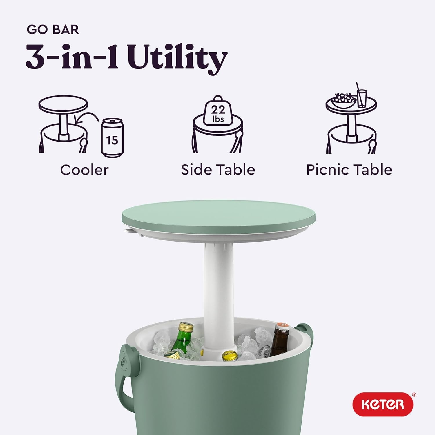 image:imageKeter Go Bar 42 Gallon Portable Beer and Wine Cooler with Handle and Pop Up Outdoor Table Perfect for Your Patio Picnic and Beach Accessories GraphiteGreen