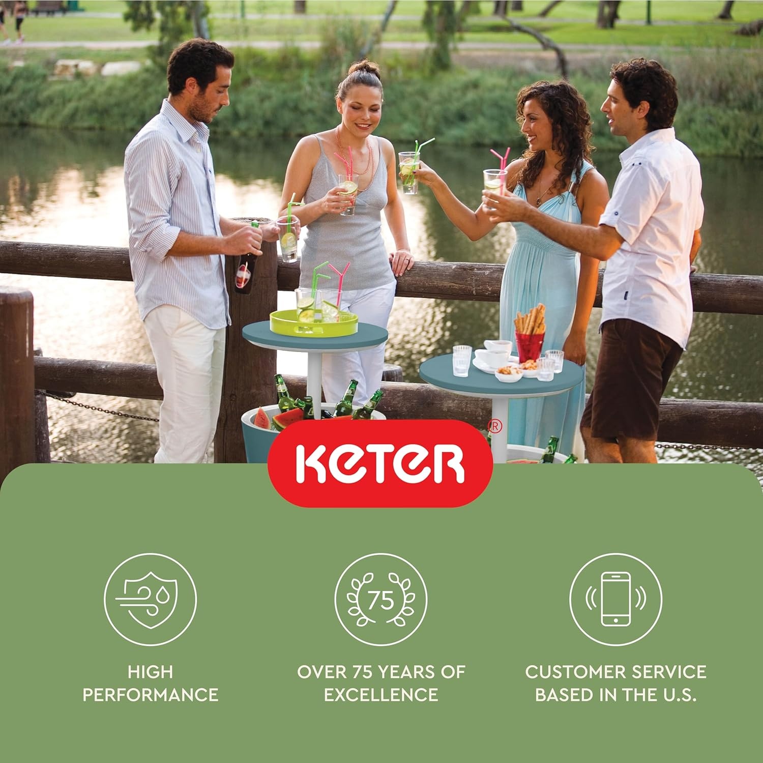 image:imageKeter Modern Cool Bar Outdoor Patio Furniture and Hot Tub Side Table with 75 Gallon Beer and Wine Cooler TealTeal