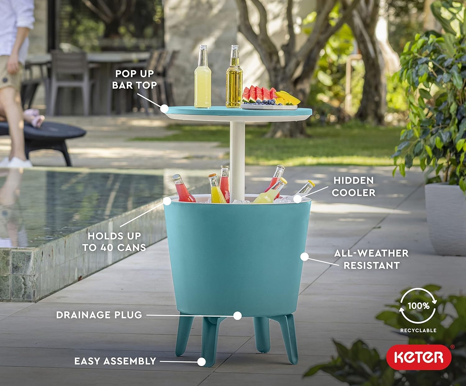 image:imageKeter Modern Cool Bar Outdoor Patio Furniture and Hot Tub Side Table with 75 Gallon Beer and Wine Cooler TealTeal