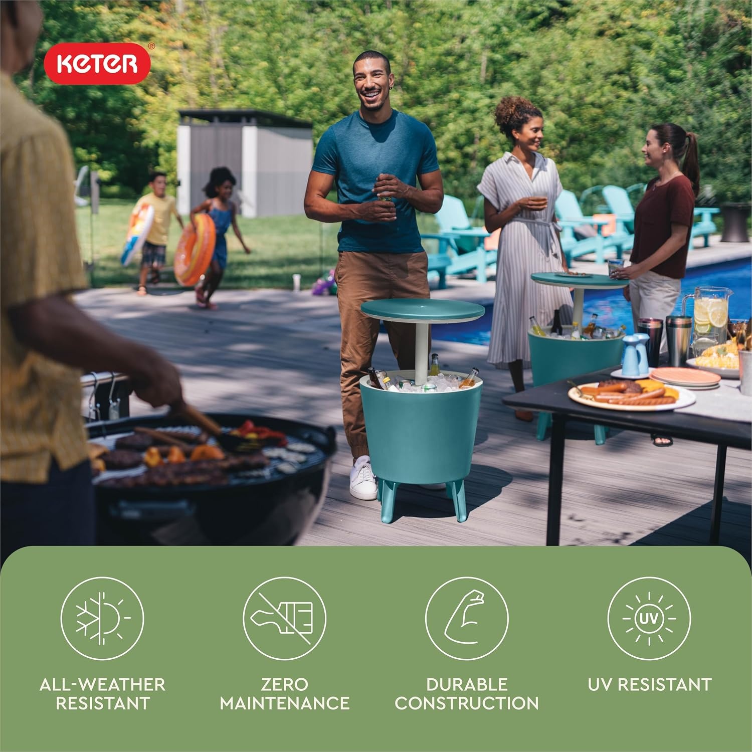 image:imageKeter Modern Cool Bar Outdoor Patio Furniture and Hot Tub Side Table with 75 Gallon Beer and Wine Cooler TealTeal