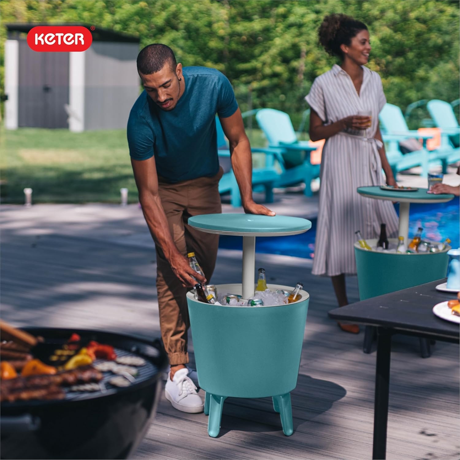 image:imageKeter Modern Cool Bar Outdoor Patio Furniture and Hot Tub Side Table with 75 Gallon Beer and Wine Cooler TealTeal