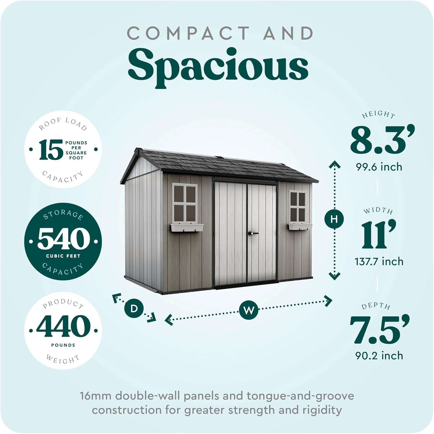 image:imageKeter Oakland 11 x 75 Ft Spacious Heavy Duty Storage Shed for Organizing Garden Accessories and Outdoor Tools with Double Doors High Ceiling Gray