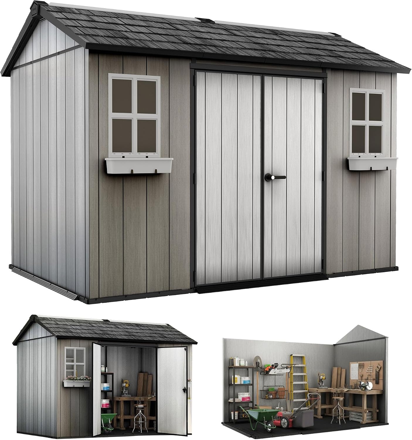 image:imageKeter Oakland 11 x 75 Ft Spacious Heavy Duty Storage Shed for Organizing Garden Accessories and Outdoor Tools with Double Doors High Ceiling Gray