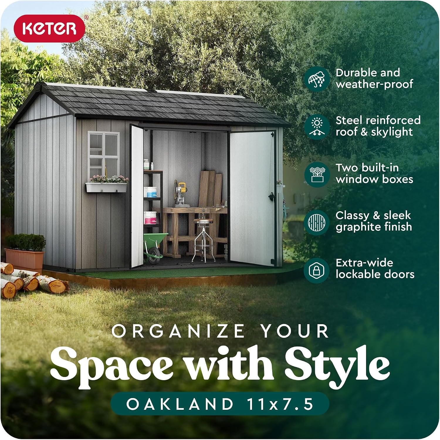 image:imageKeter Oakland 11 x 75 Ft Spacious Heavy Duty Storage Shed for Organizing Garden Accessories and Outdoor Tools with Double Doors High Ceiling Gray
