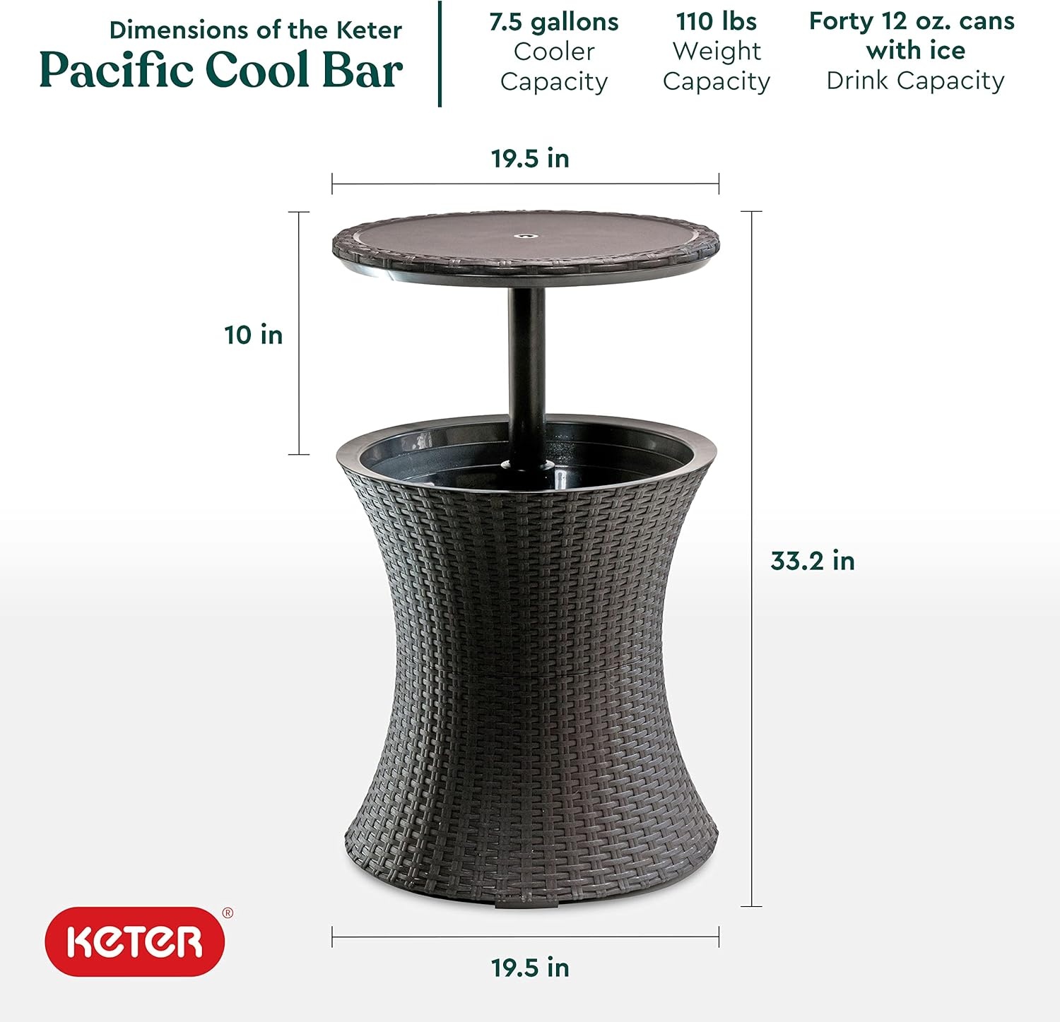 image:imageKeter Pacific Cool Bar Outdoor Patio Furniture and Hot Tub Side Table with 75 Gallon Beer and Wine Cooler Dark GreyBrown
