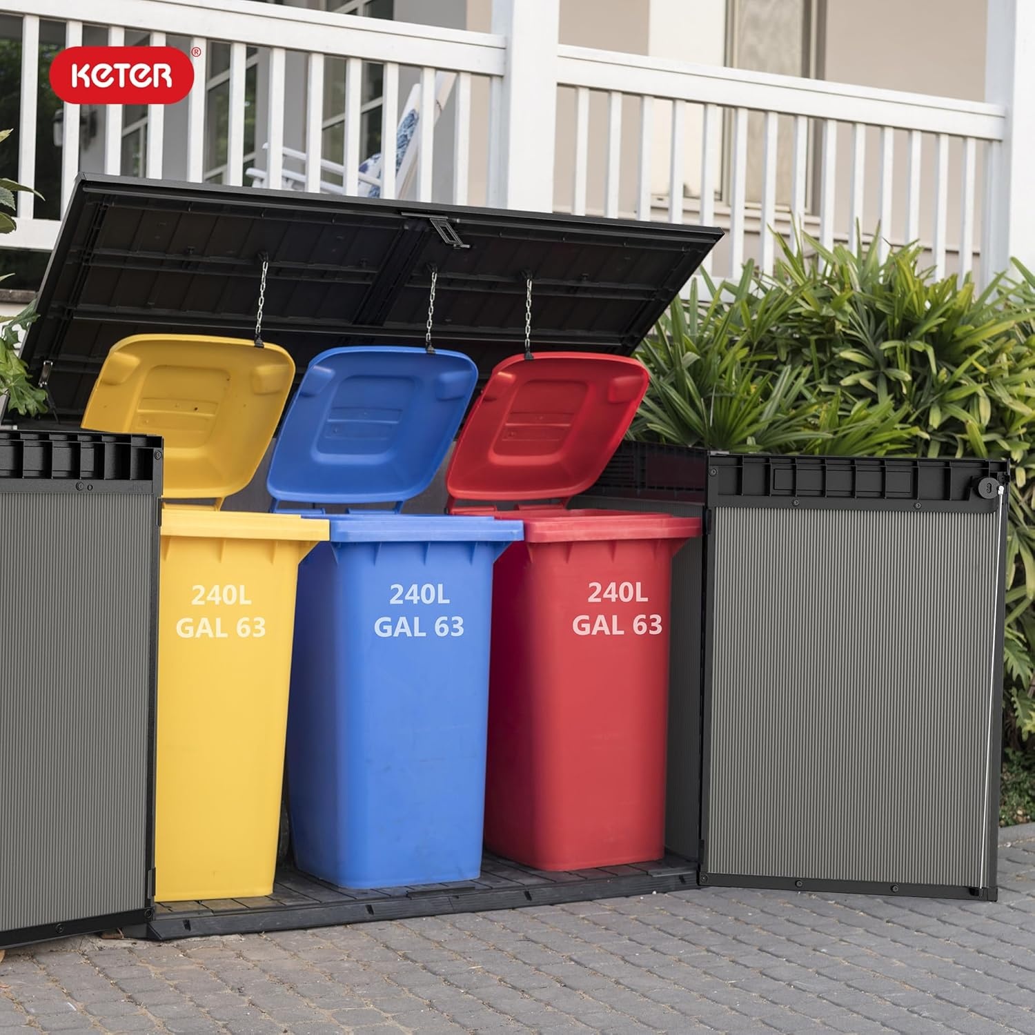 image:imageKeter Premier Jumbo 62 x 43 ft Outdoor Resin Horizontal Storage Shed for Garbage Bins Yard Tools amp Garden Equipment AllWeather Lockable Outdoor Storage
