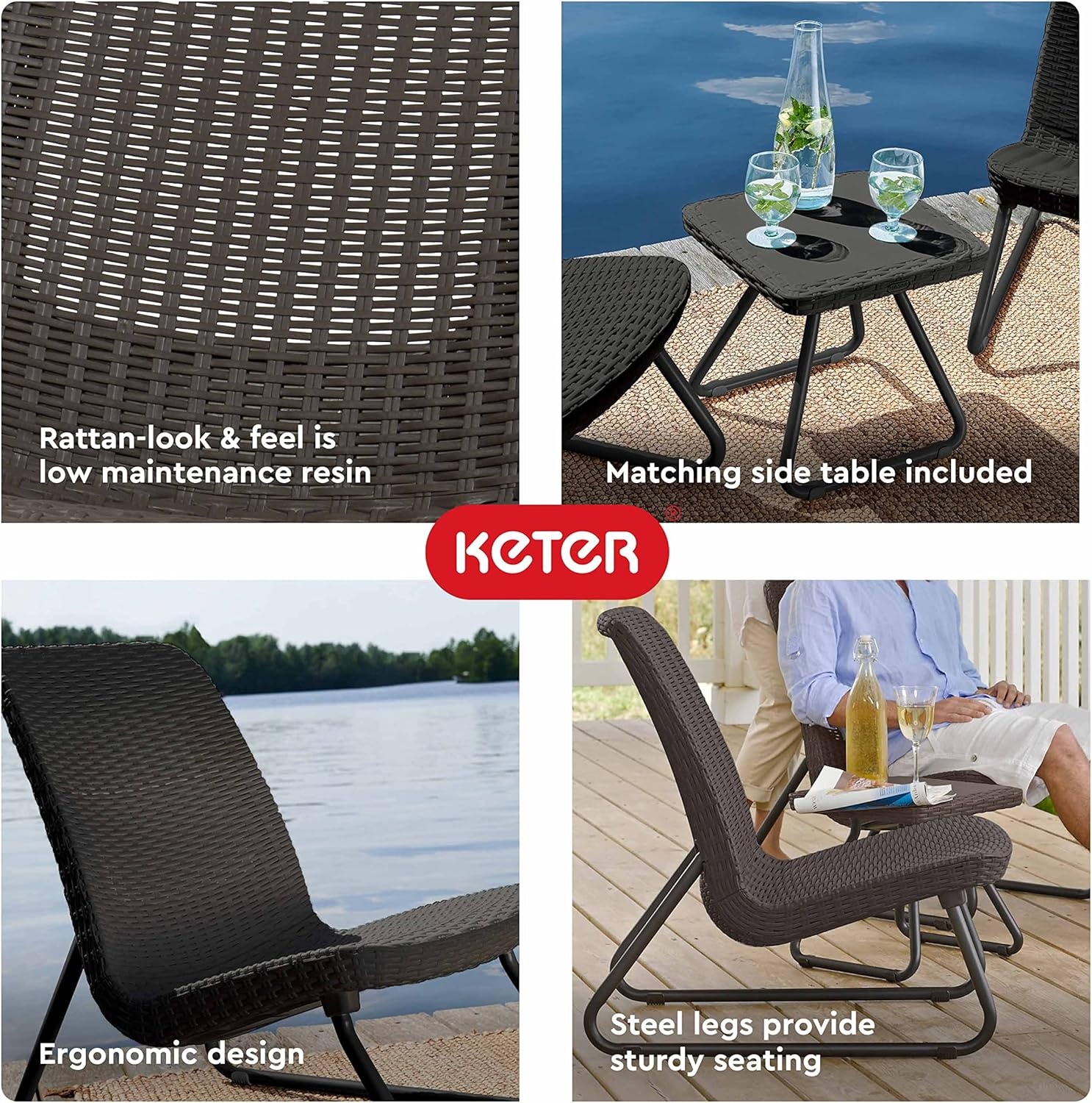 image:imageKeter Rio 3 Piece Resin Wicker Patio Furniture Set with Side Table and Outdoor Chairs for Front Porch and Backyard Decor Dark GreyBrown