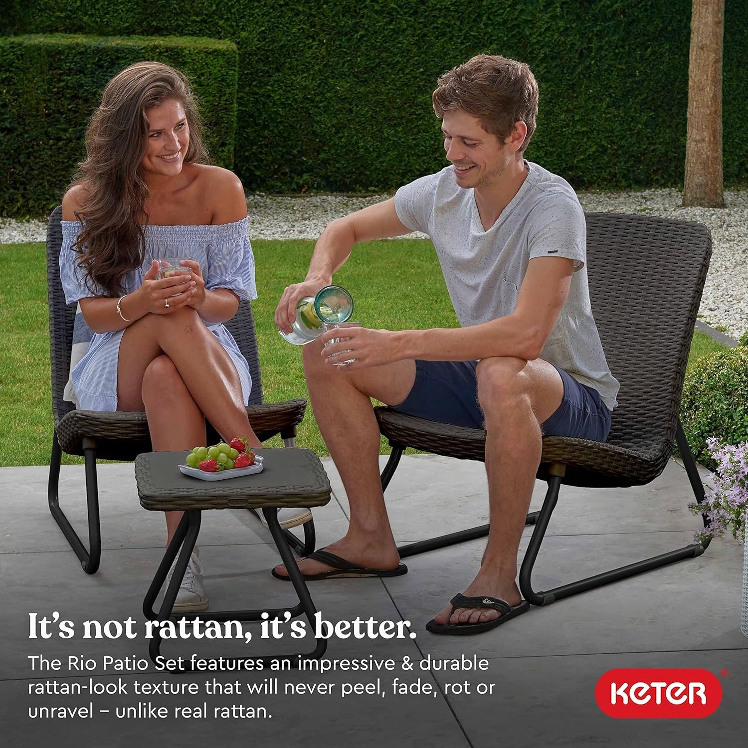 image:imageKeter Rio 3 Piece Resin Wicker Patio Furniture Set with Side Table and Outdoor Chairs for Front Porch and Backyard Decor Dark GreyBrown