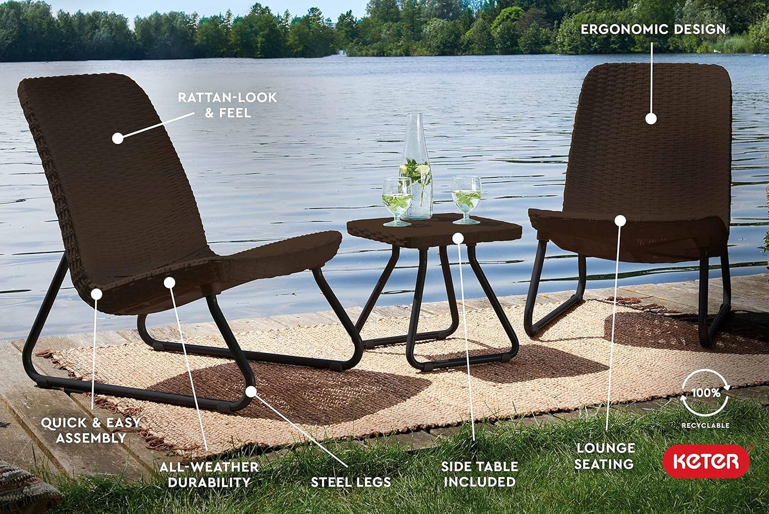 image:imageKeter Rio 3 Piece Resin Wicker Patio Furniture Set with Side Table and Outdoor Chairs for Front Porch and Backyard Decor Dark GreyBrown