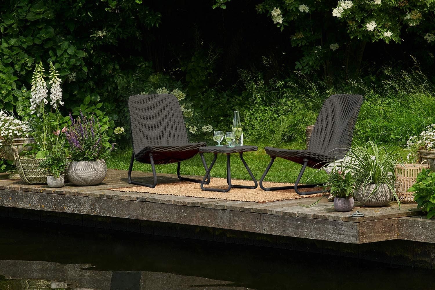 image:imageKeter Rio 3 Piece Resin Wicker Patio Furniture Set with Side Table and Outdoor Chairs for Front Porch and Backyard Decor Dark GreyBrown