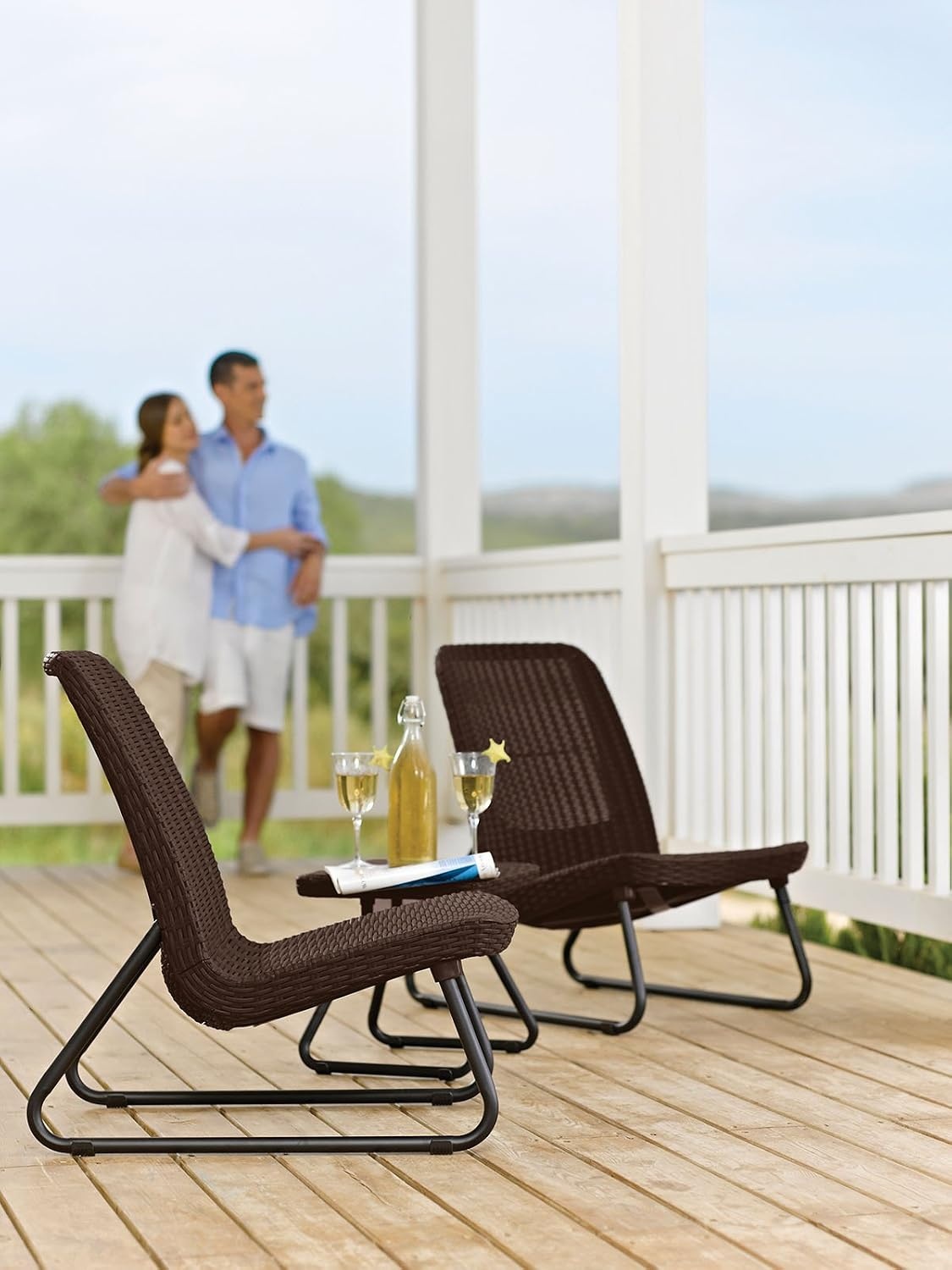 image:imageKeter Rio 3 Piece Resin Wicker Patio Furniture Set with Side Table and Outdoor Chairs for Front Porch and Backyard Decor Dark GreyBrown