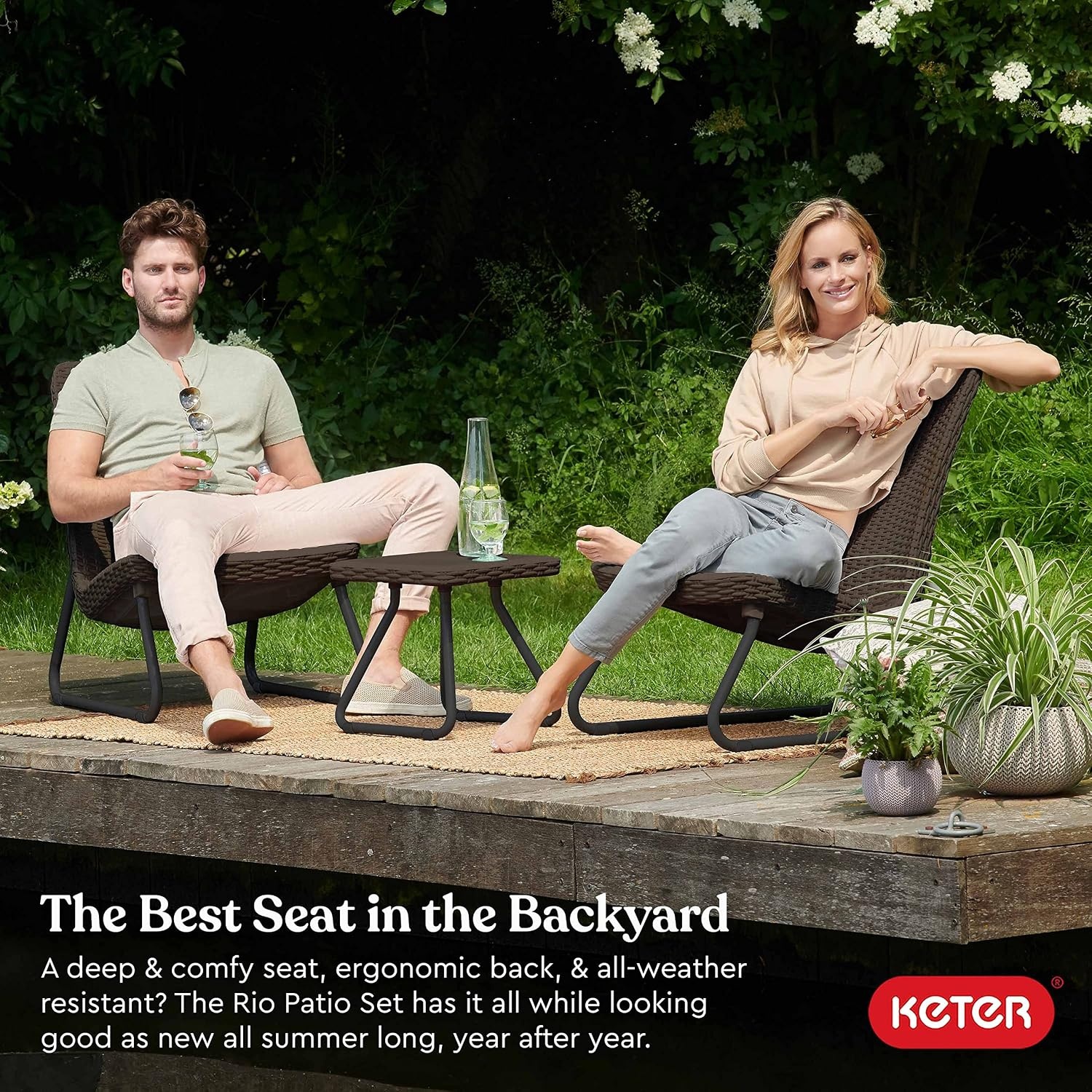 image:imageKeter Rio 3 Piece Resin Wicker Patio Furniture Set with Side Table and Outdoor Chairs for Front Porch and Backyard Decor Dark GreyBrown