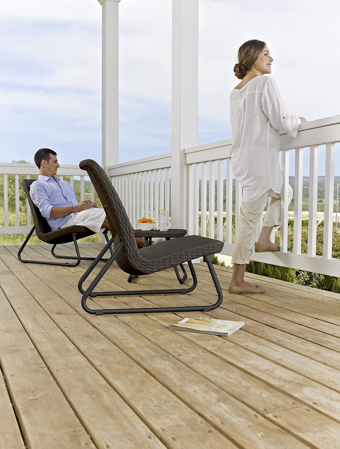 image:imageKeter Rio 3 Piece Resin Wicker Patio Furniture Set with Side Table and Outdoor Chairs for Front Porch and Backyard Decor Dark GreyBrown