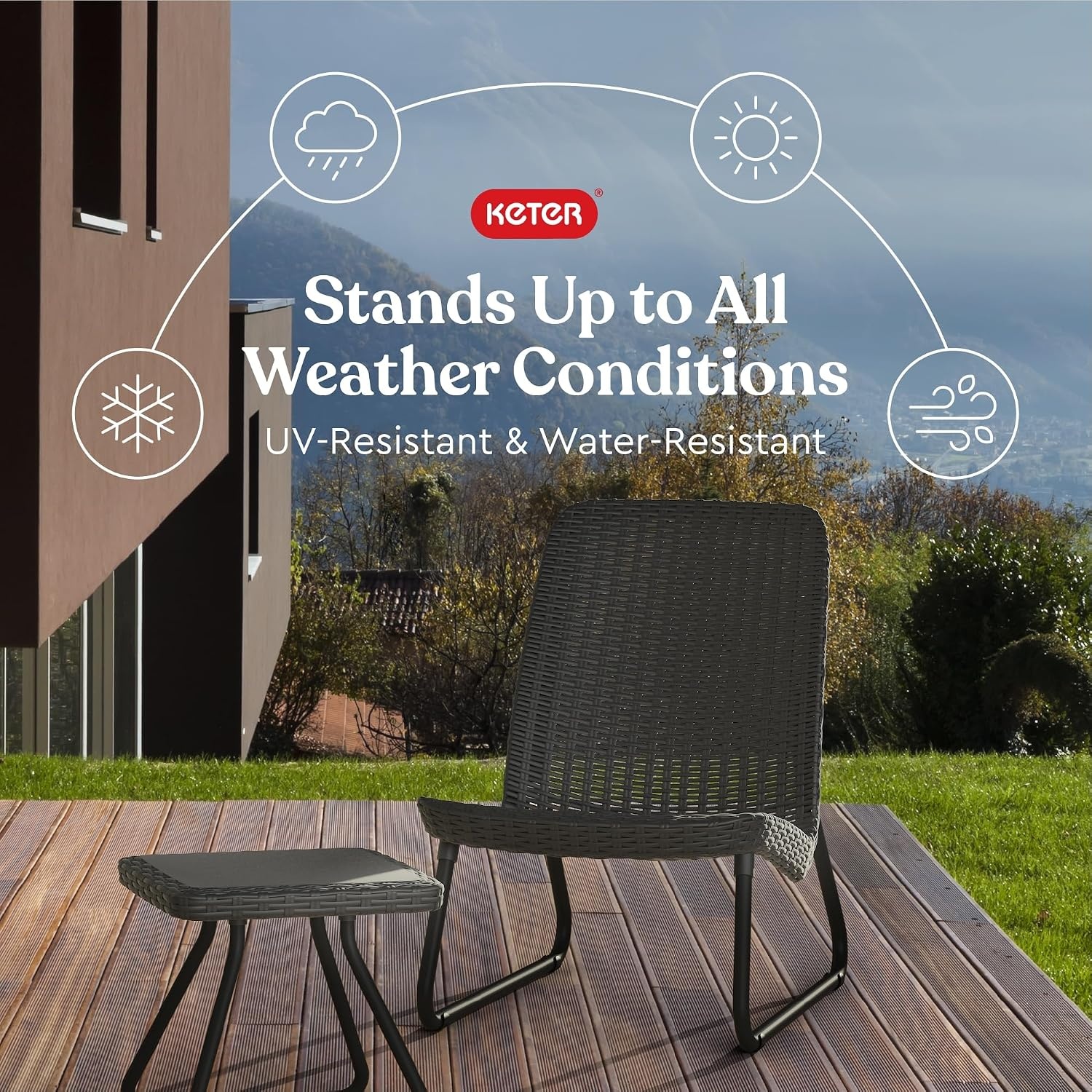 image:imageKeter Rio 3 Piece Resin Wicker Patio Furniture Set with Side Table and Outdoor Chairs for Front Porch and Backyard Decor Dark GreyDark Grey
