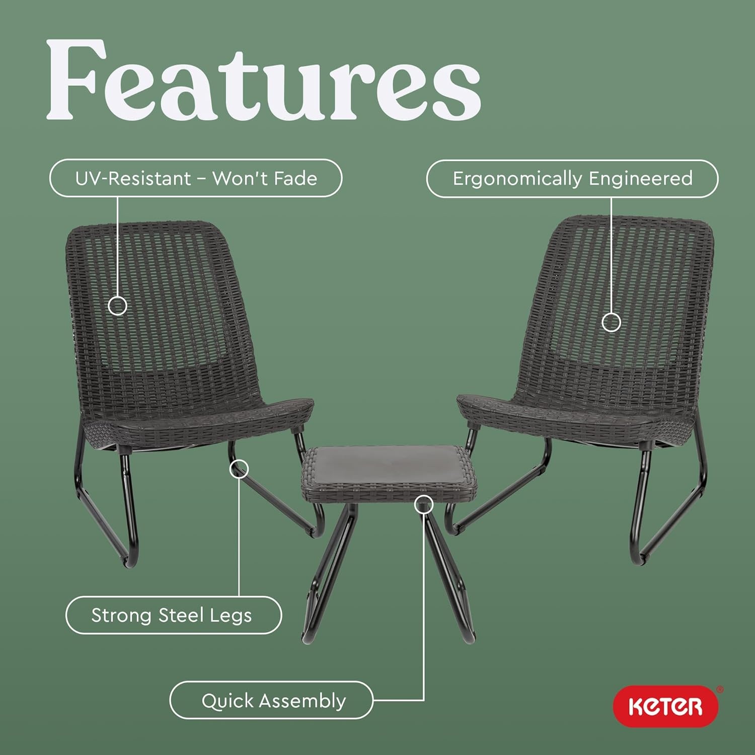 image:imageKeter Rio 3 Piece Resin Wicker Patio Furniture Set with Side Table and Outdoor Chairs for Front Porch and Backyard Decor Dark GreyDark Grey