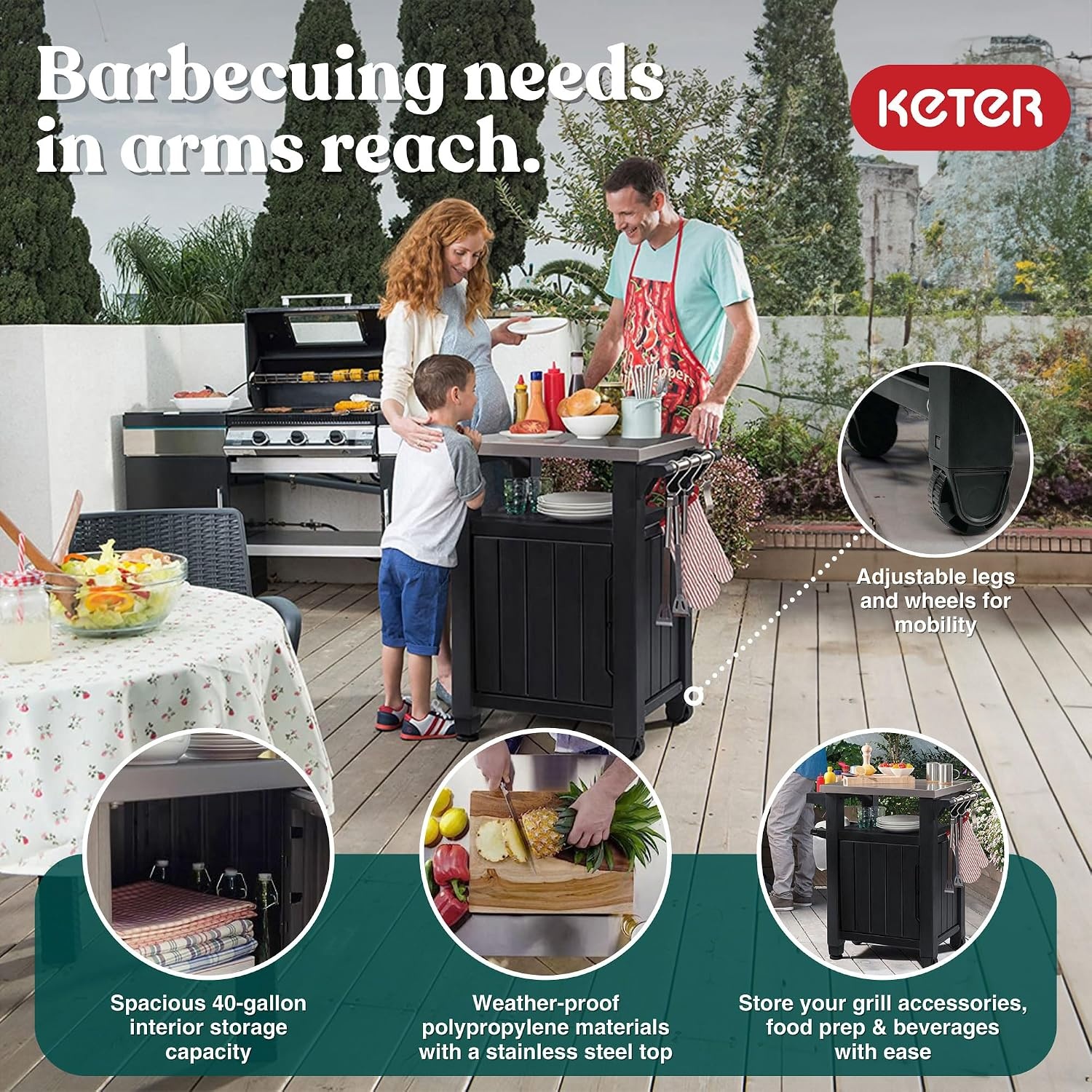 image:imageKeter Unity Portable Outdoor Table and Storage Cabinet with Hooks for Grill AccessoriesStainless Steel Top for Patio Kitchen Island or Bar Cart