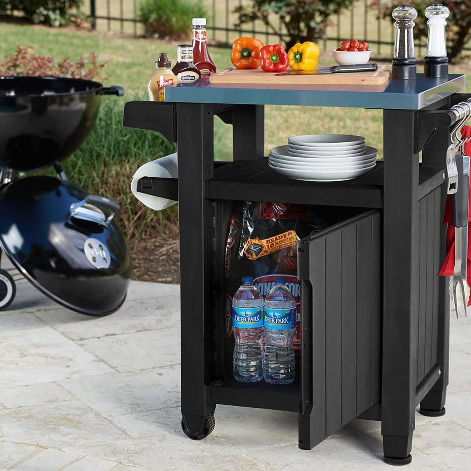 image:imageKeter Unity Portable Outdoor Table and Storage Cabinet with Hooks for Grill AccessoriesStainless Steel Top for Patio Kitchen Island or Bar Cart