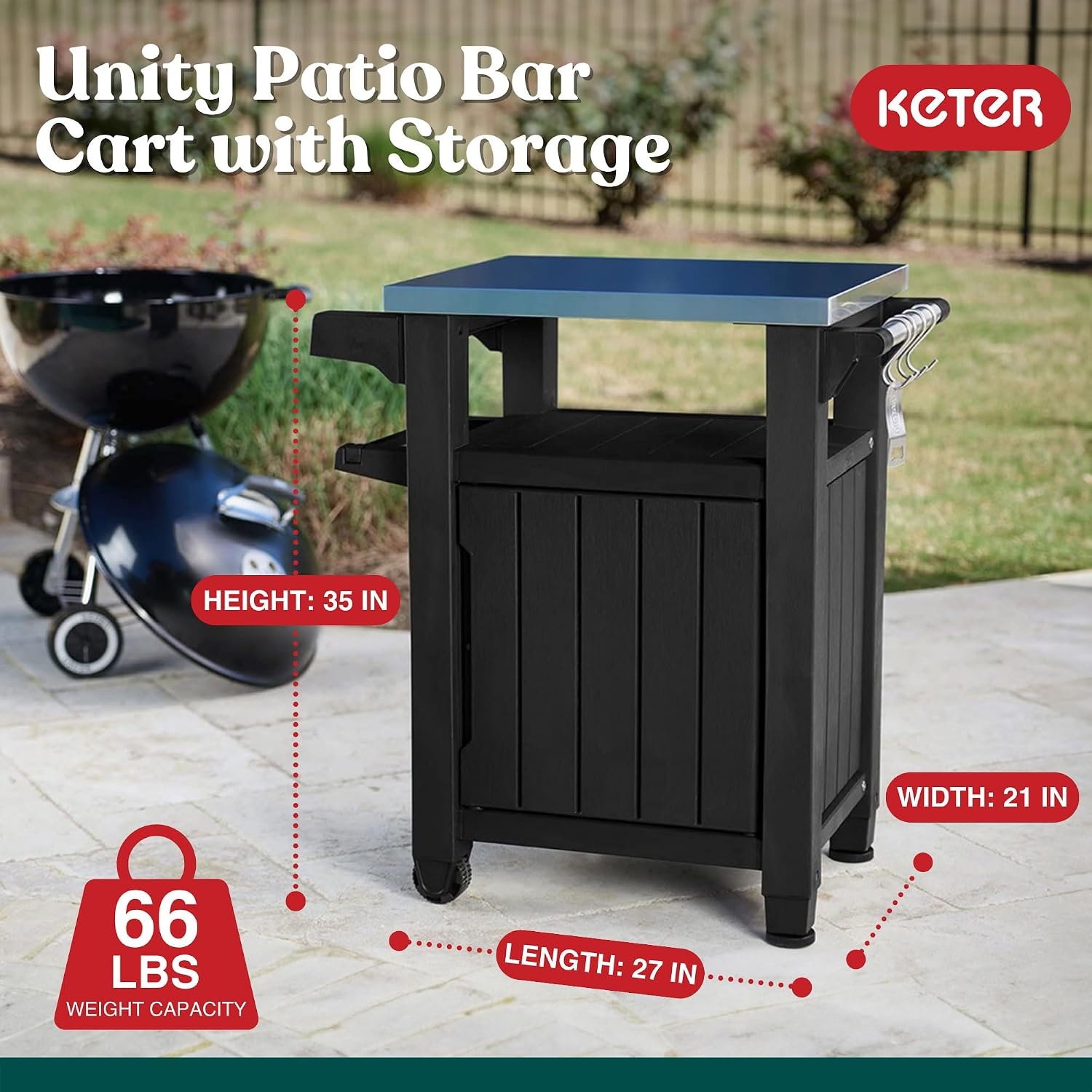image:imageKeter Unity Portable Outdoor Table and Storage Cabinet with Hooks for Grill AccessoriesStainless Steel Top for Patio Kitchen Island or Bar Cart