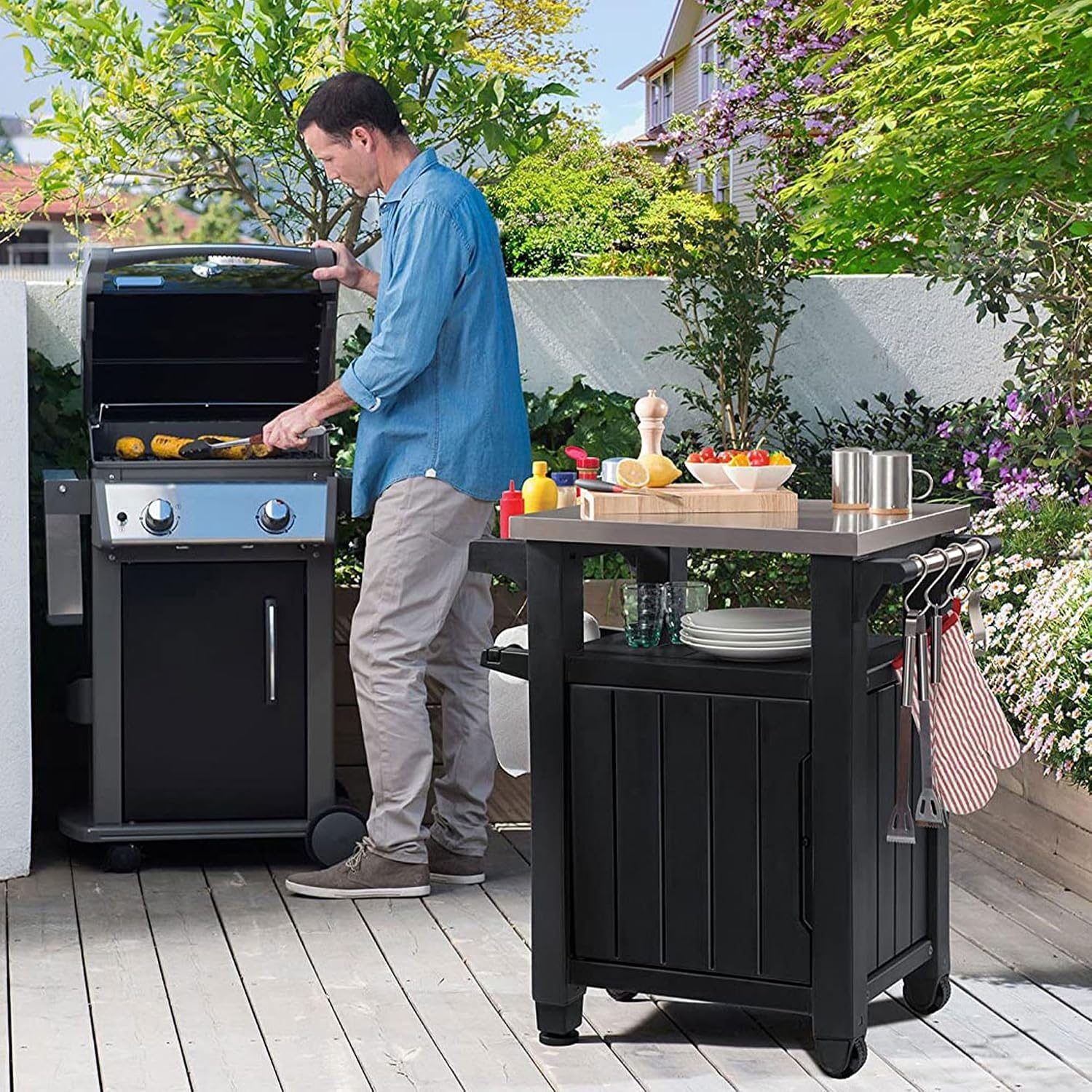 image:imageKeter Unity Portable Outdoor Table and Storage Cabinet with Hooks for Grill AccessoriesStainless Steel Top for Patio Kitchen Island or Bar Cart