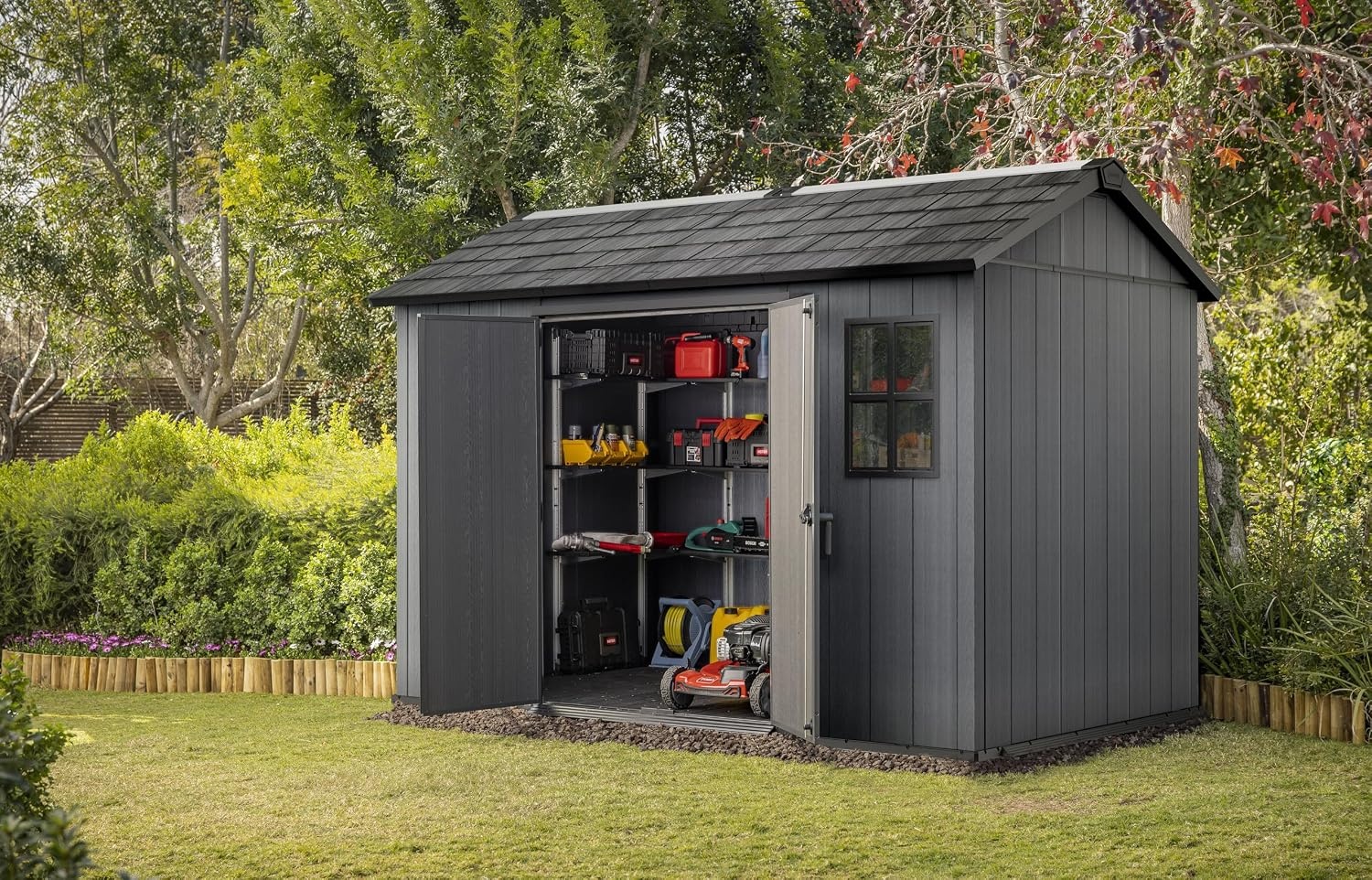 image:imageNewton 11x75 Ft AllWeather Storage Shed with Skylight Window Builtin Ventilation Customizable Walls amp Lockable Double Doors Grey