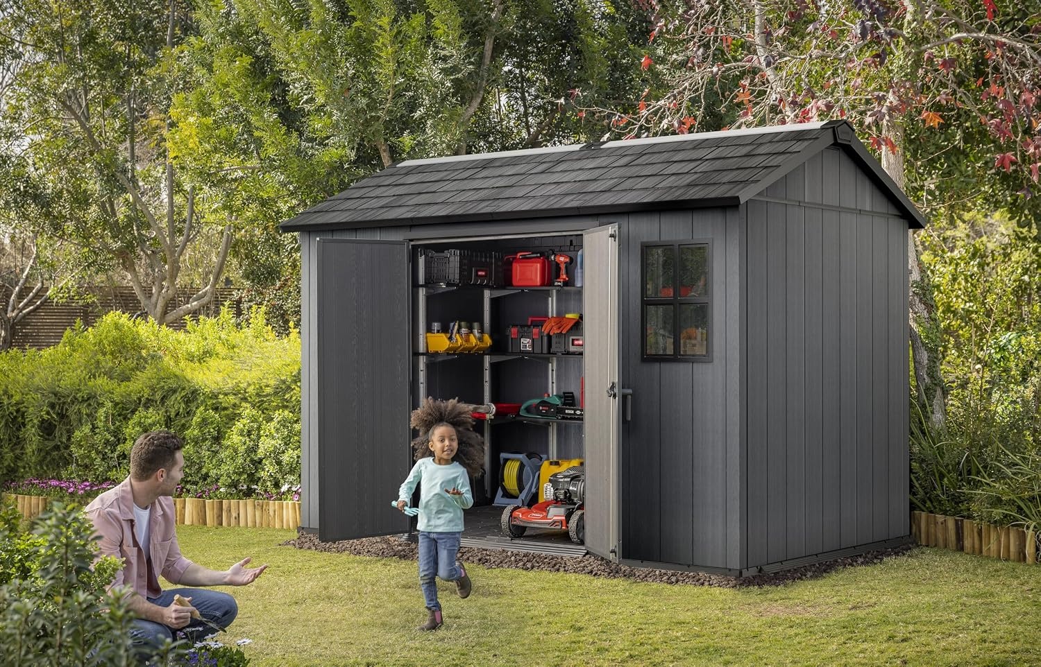 image:imageNewton 11x75 Ft AllWeather Storage Shed with Skylight Window Builtin Ventilation Customizable Walls amp Lockable Double Doors Grey
