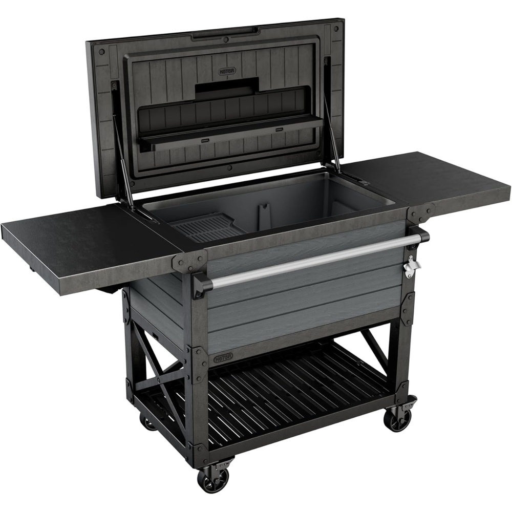 image:imageKeter 898 Qt Portable Outdoor Patio Cooling Chest Ice Chest Beverage Party Bar Cart Table with Swivel Wheels Shelves and Bottle Opener Graphite