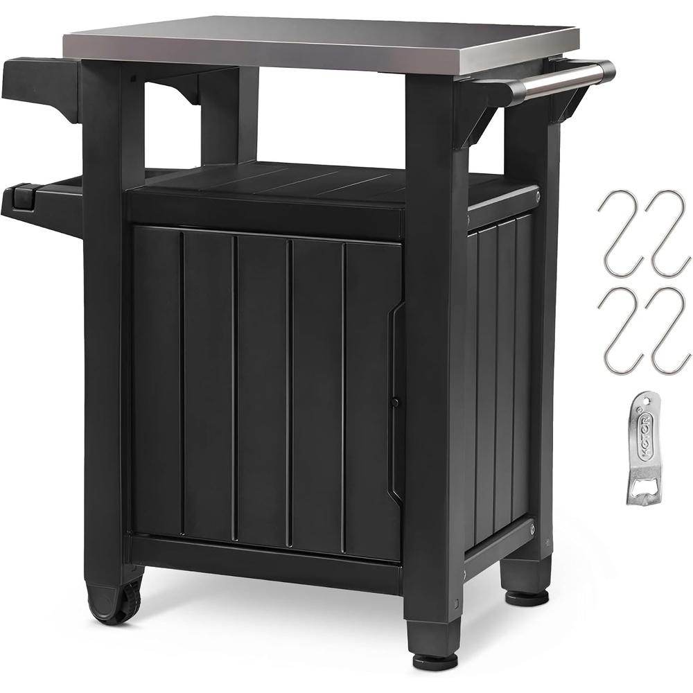image:imageKeter Unity Portable Outdoor Table and Storage Cabinet with Hooks for Grill AccessoriesStainless Steel Top for Patio Kitchen Island or Bar Cart